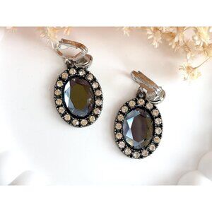 Silver Toned Faceted Oval Grey Rhinestone Halo Style Clip On Dangle Earrings